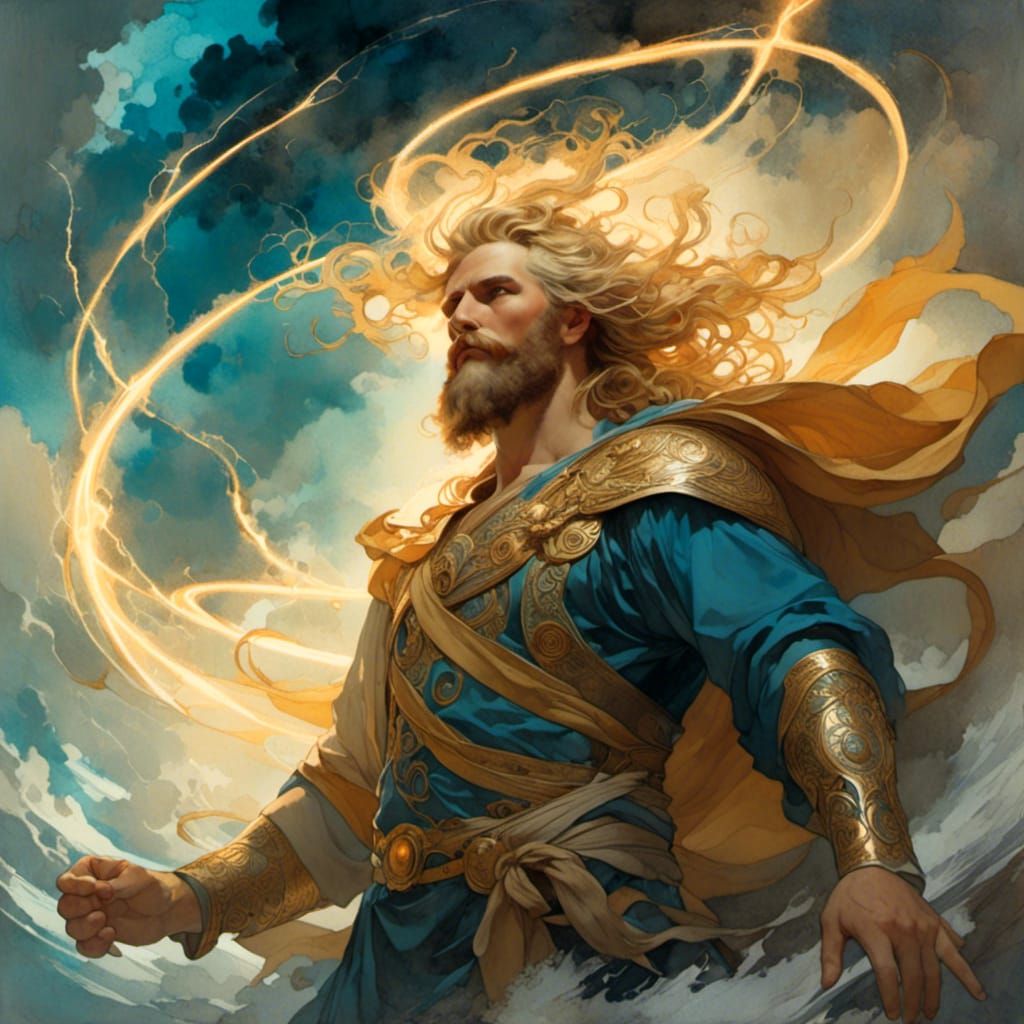 Zeus Portrait in Art Nouveau Style with Lightning