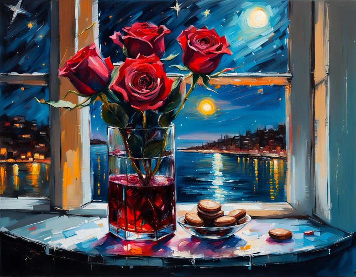 Red Rose and Wine Still Life, Impasto Painting