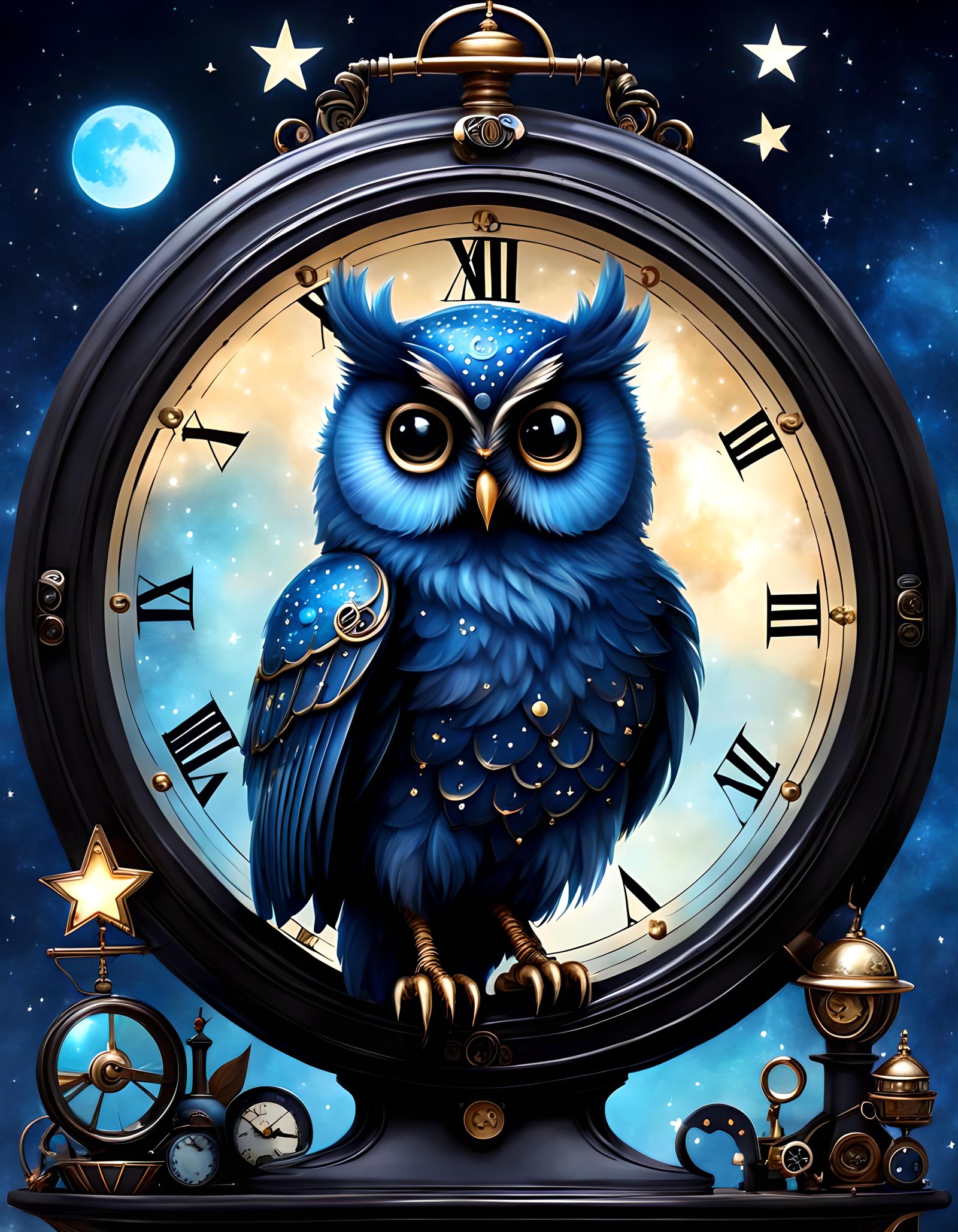 Whimsical Steampunk Owl in Starry Clock