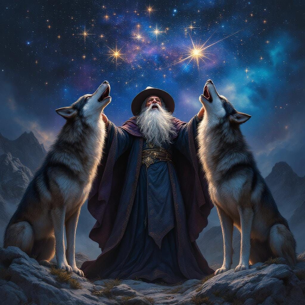 Cosmic Wizard and Wolves: A Hyperrealistic Space Art Scene