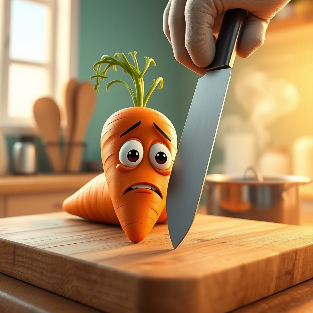 Anthropomorphic Carrot in Desperate Kitchen Dilemma