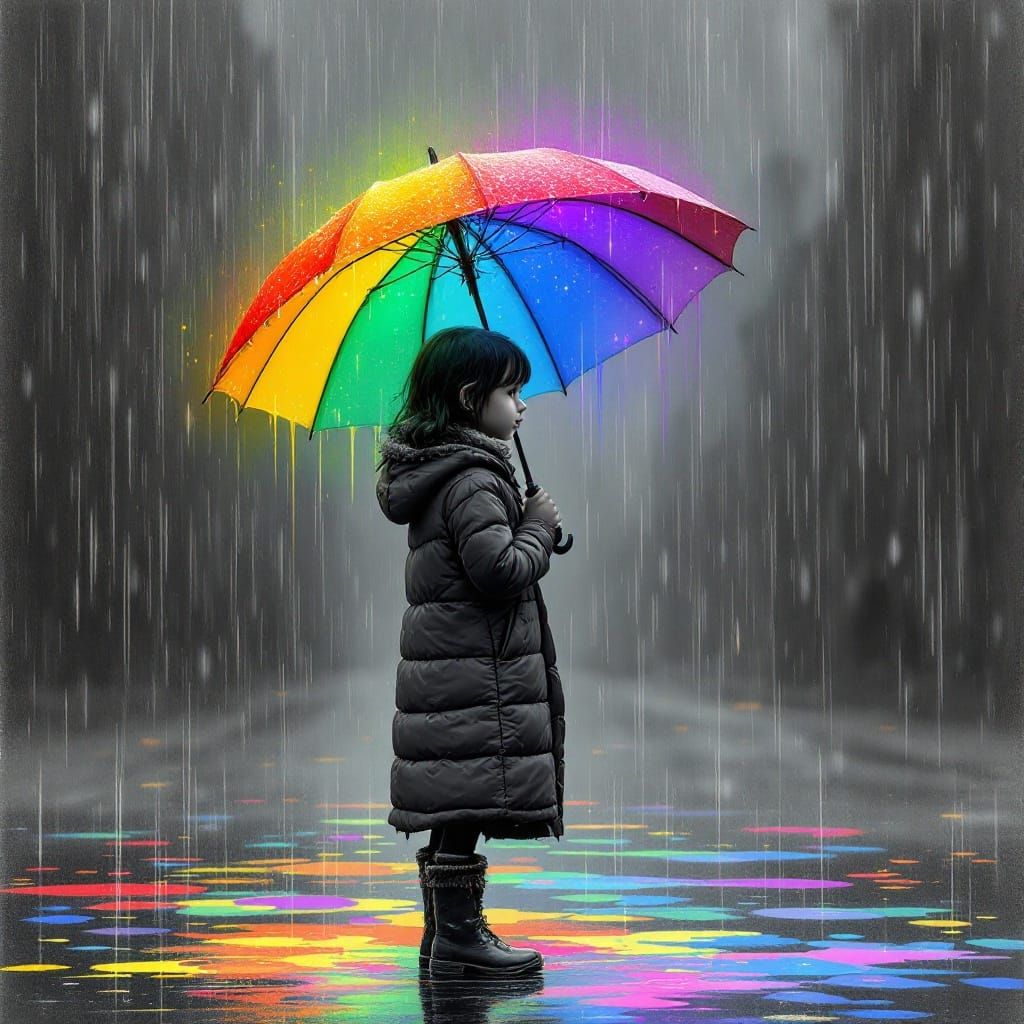 Serious Girl Finds Hope in Rainy Days in Delicate Watercolor...