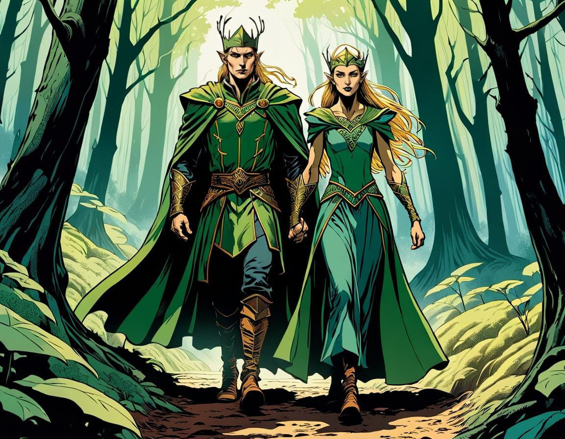 Elven Royal Couple in Gritty Comic Book Style