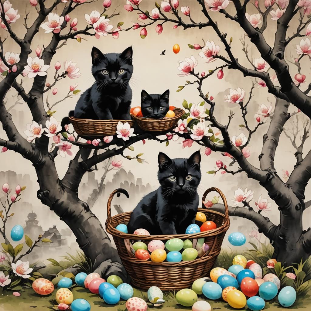 Kittens and Easter Eggs in Ink Painting Style