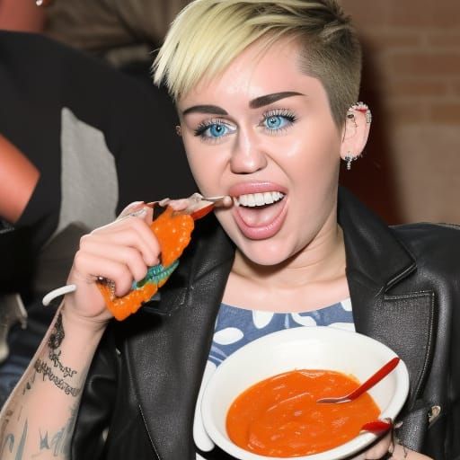 Miley Cyrus eating Beefaroni