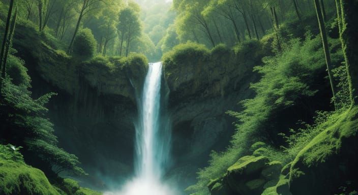 Spectacular Waterfall Amidst Lush Forest Scenery