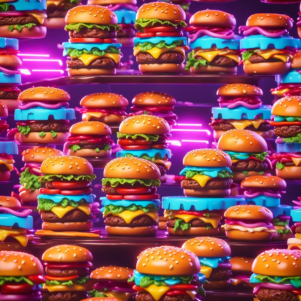 Toy Figures Fight Hamburgers in Synthwave Neon