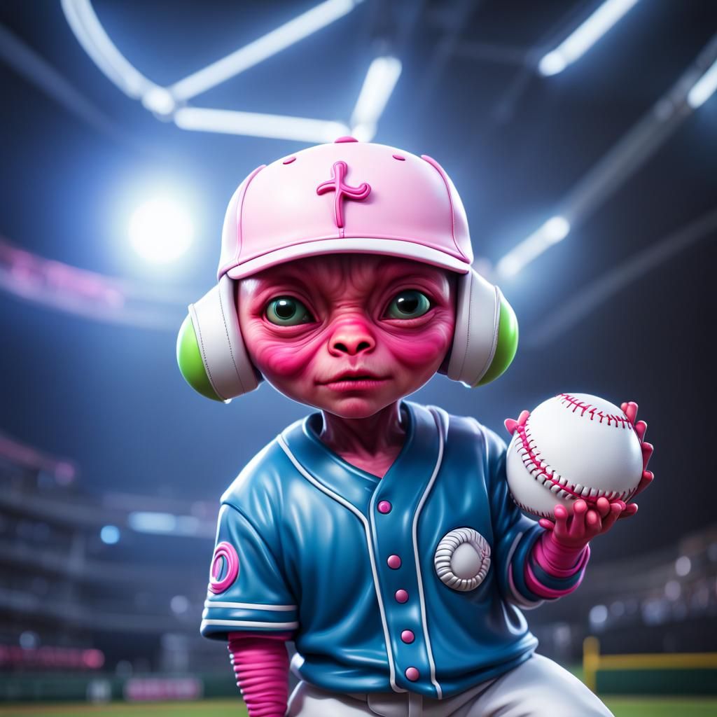 Chibi Alien Baseball Player Portrait, Photorealistic Style
