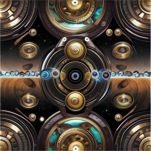 Photorealistic Eyes Surrounded by Gears and Galaxies