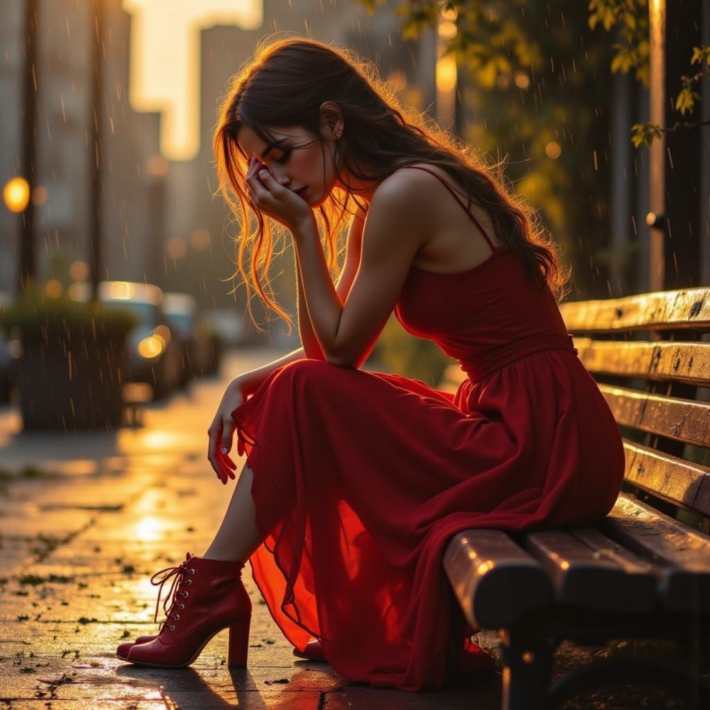 Young Woman Lost in Thought Under Golden Hour City Sky