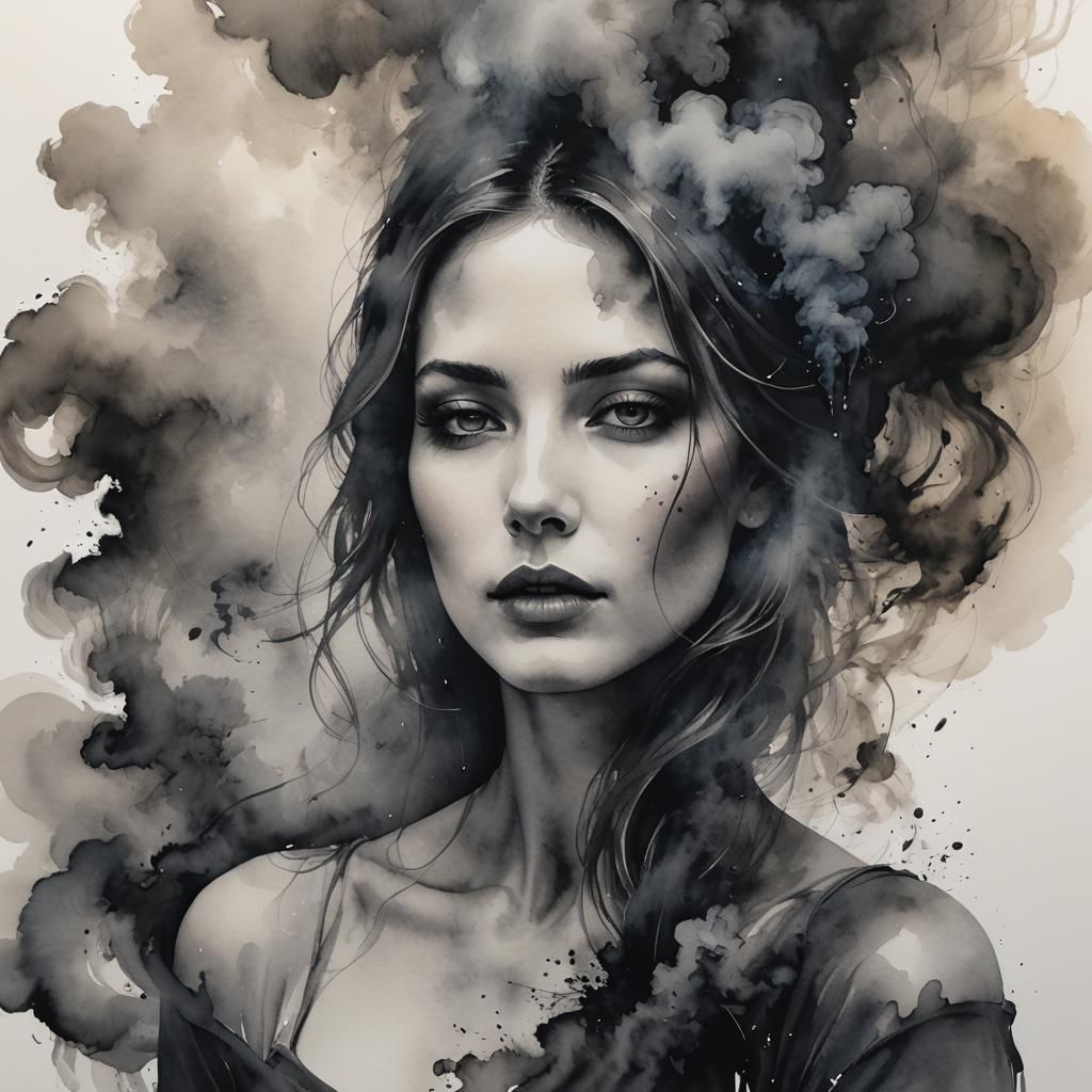 Smoky Woman: Watercolor and Ink Portrait