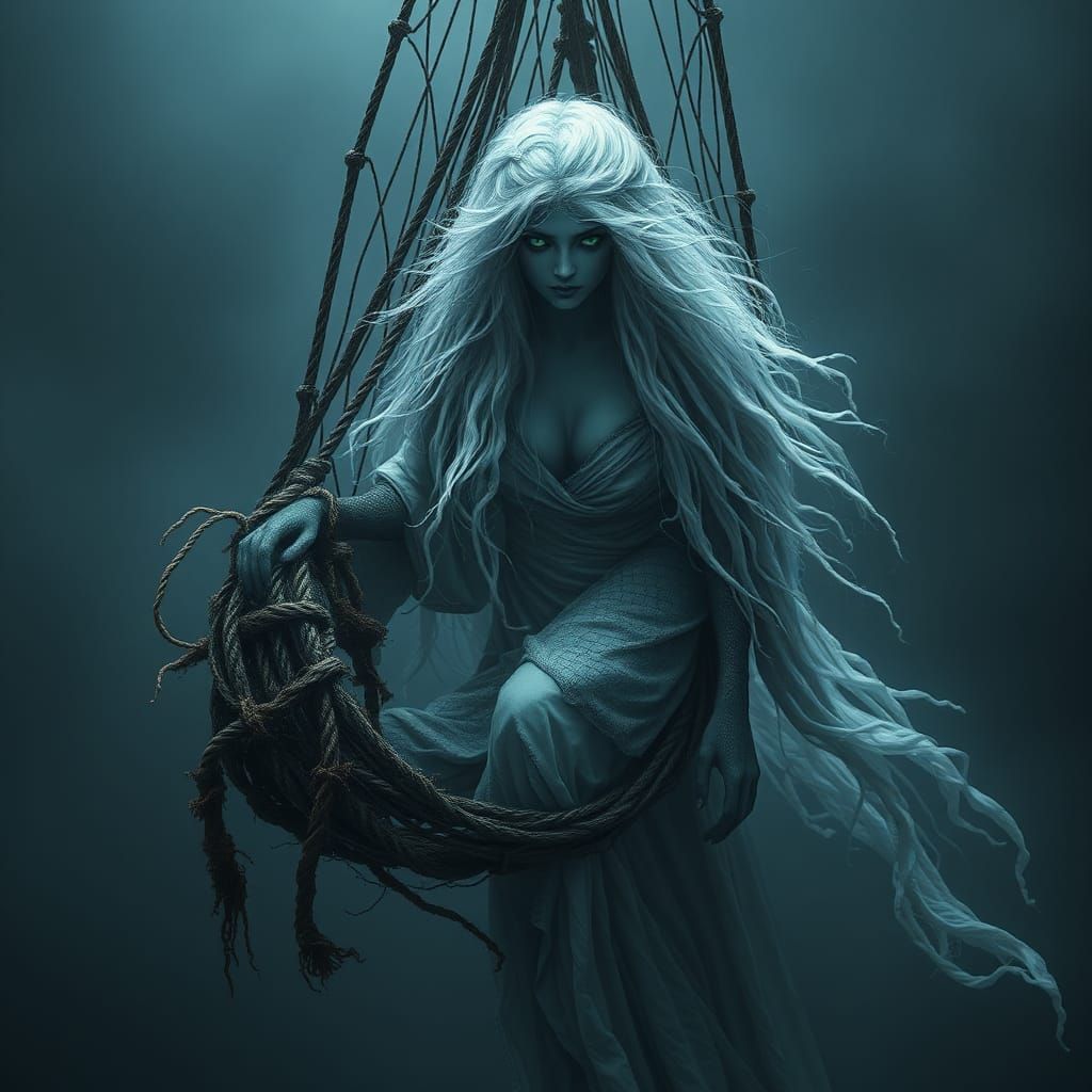 Siren Entangled in Net in Matte Painting Style