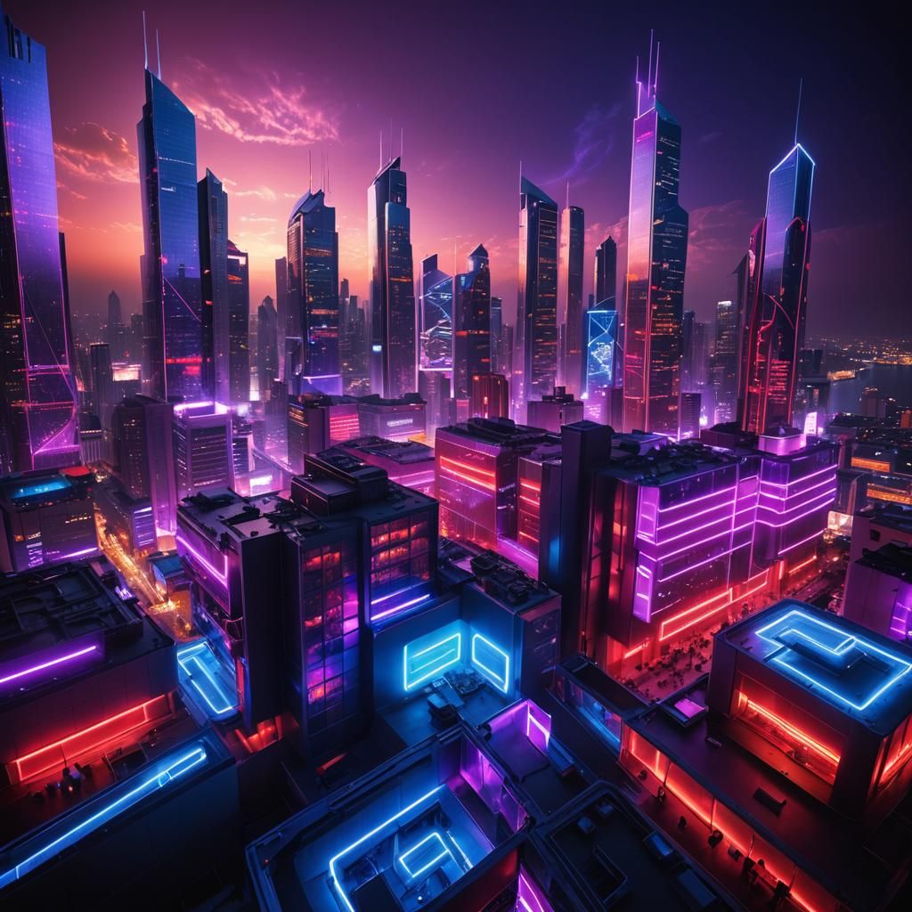 Cyberpunk Cityscape with Neon Lights and Sunset
