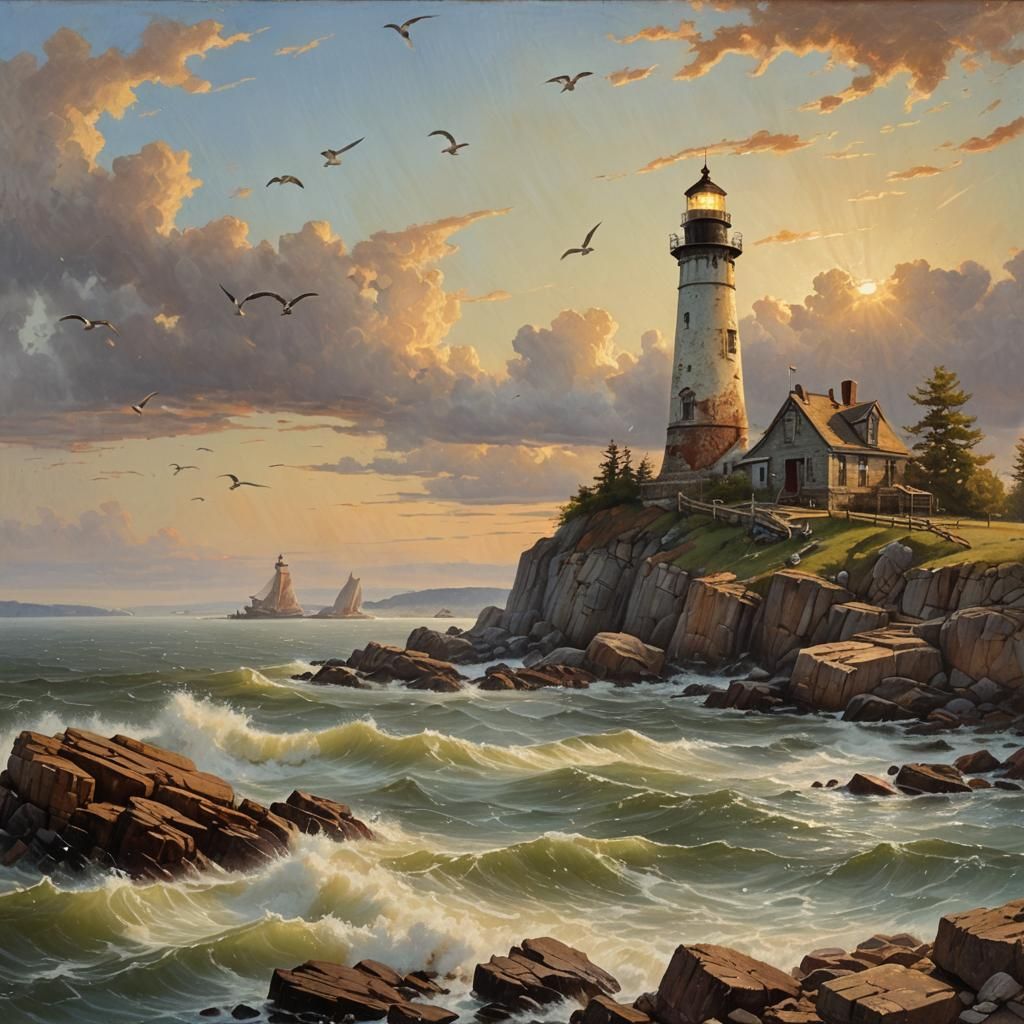Lighthouse at Golden Hour in Hudson River School Style