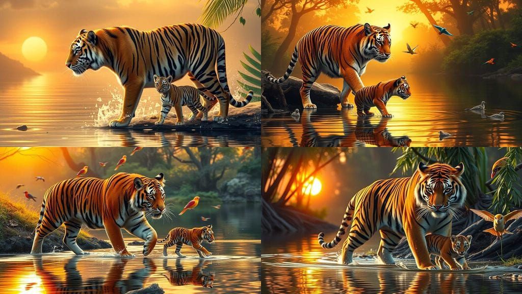 Regal Tiger Prowls Jungle Riverbank in Golden Light