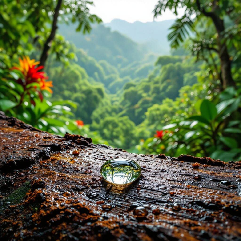 Rainforest Reflected in Water Droplet, Photorealistic Image
