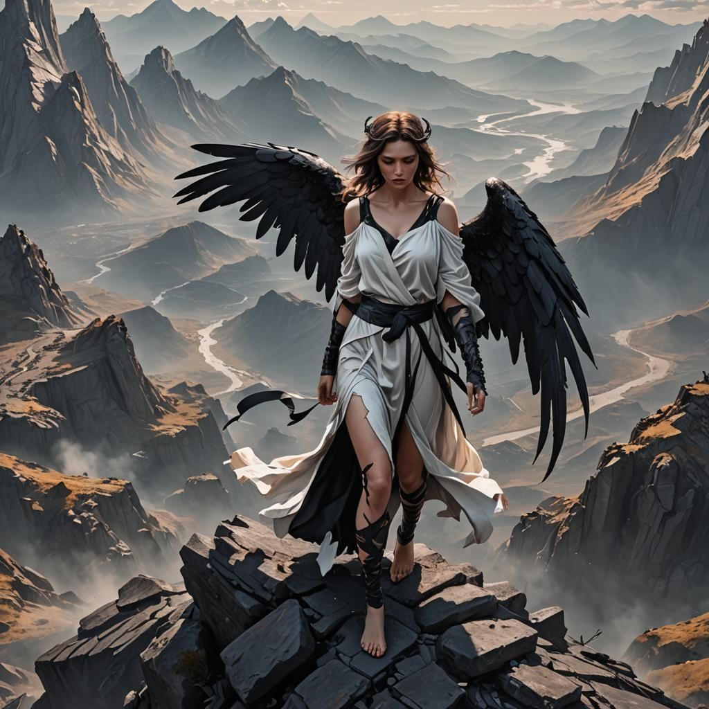 Fallen Angel with Black Wings on Apocalyptic Peak