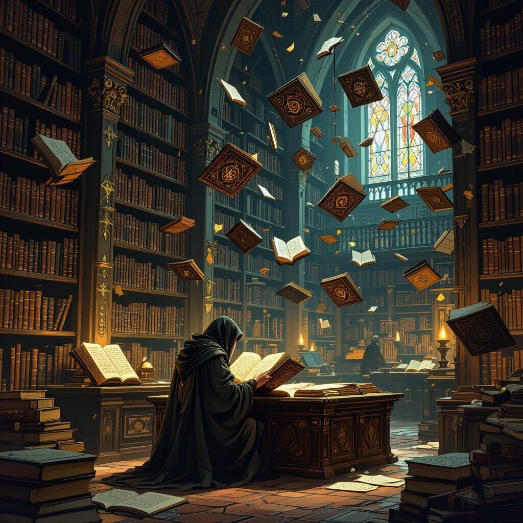 Ancient Library of Floating Books and Glowing Runes