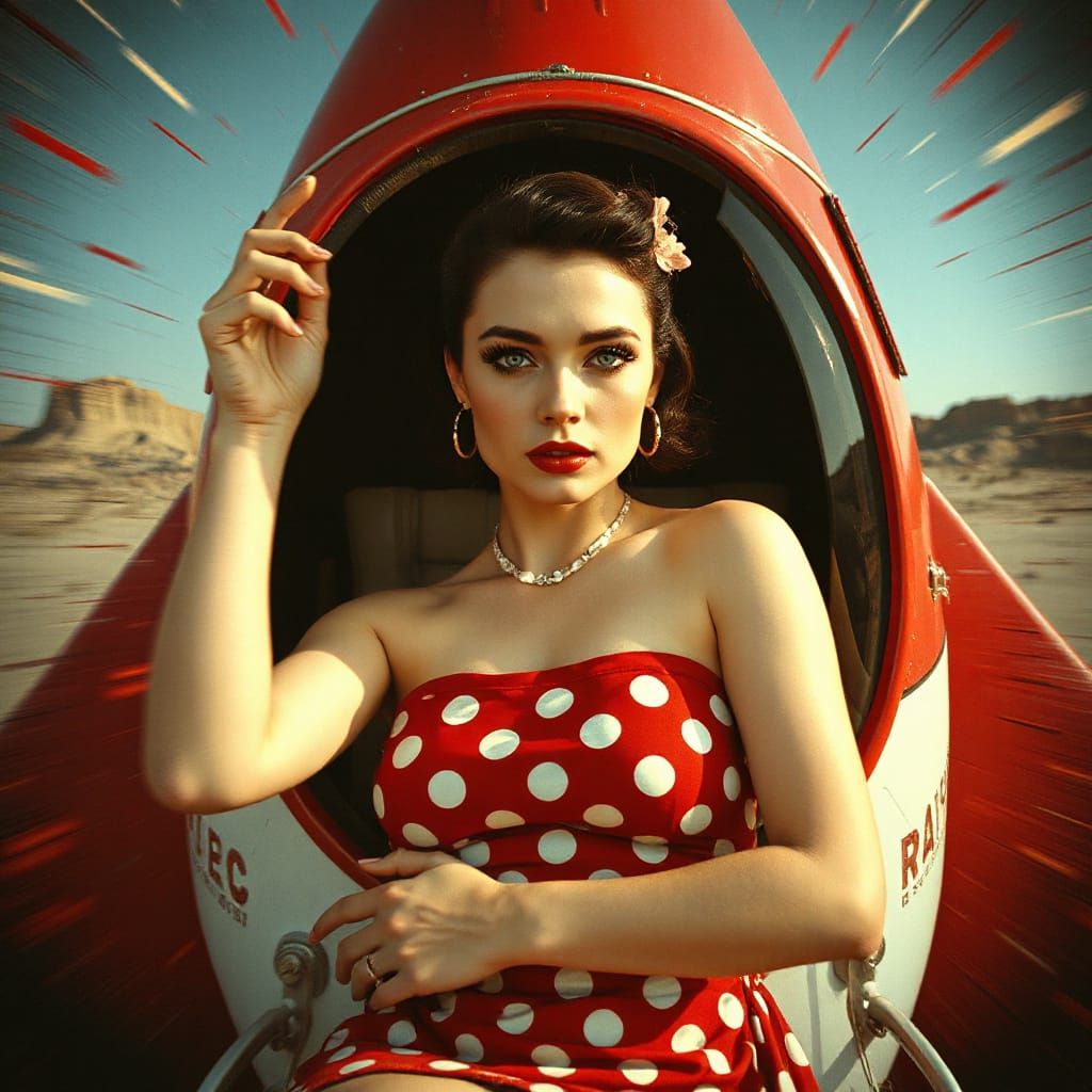 Retro Pin-Up in Rocket with Glitch Art Explosion