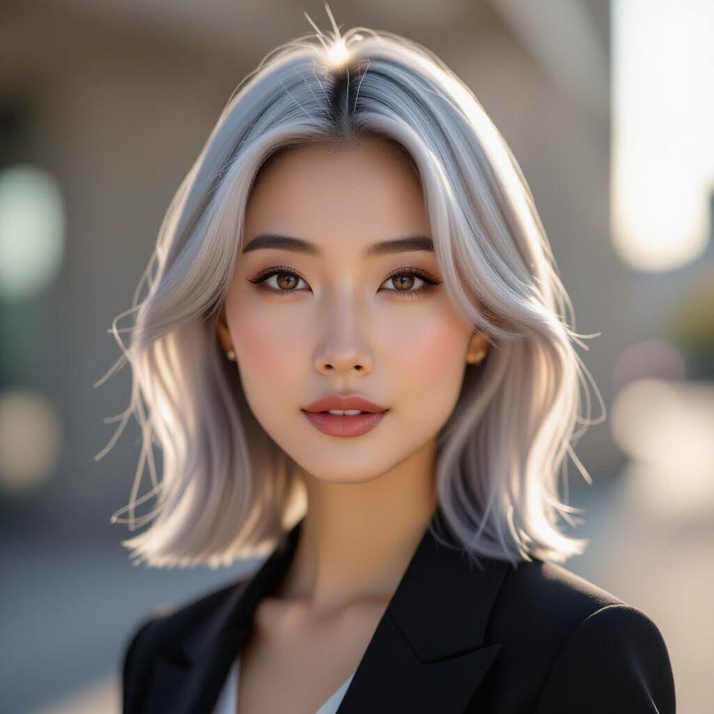 Ethereal Portrait of a Silver-Haired East Asian Woman