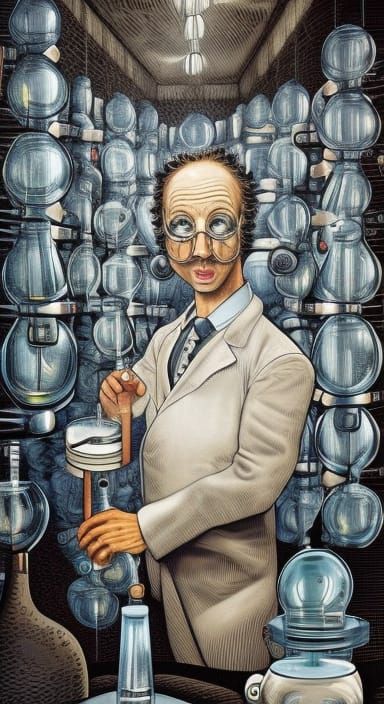 Mad Scientist in Laboratory, Rococo Watercolor