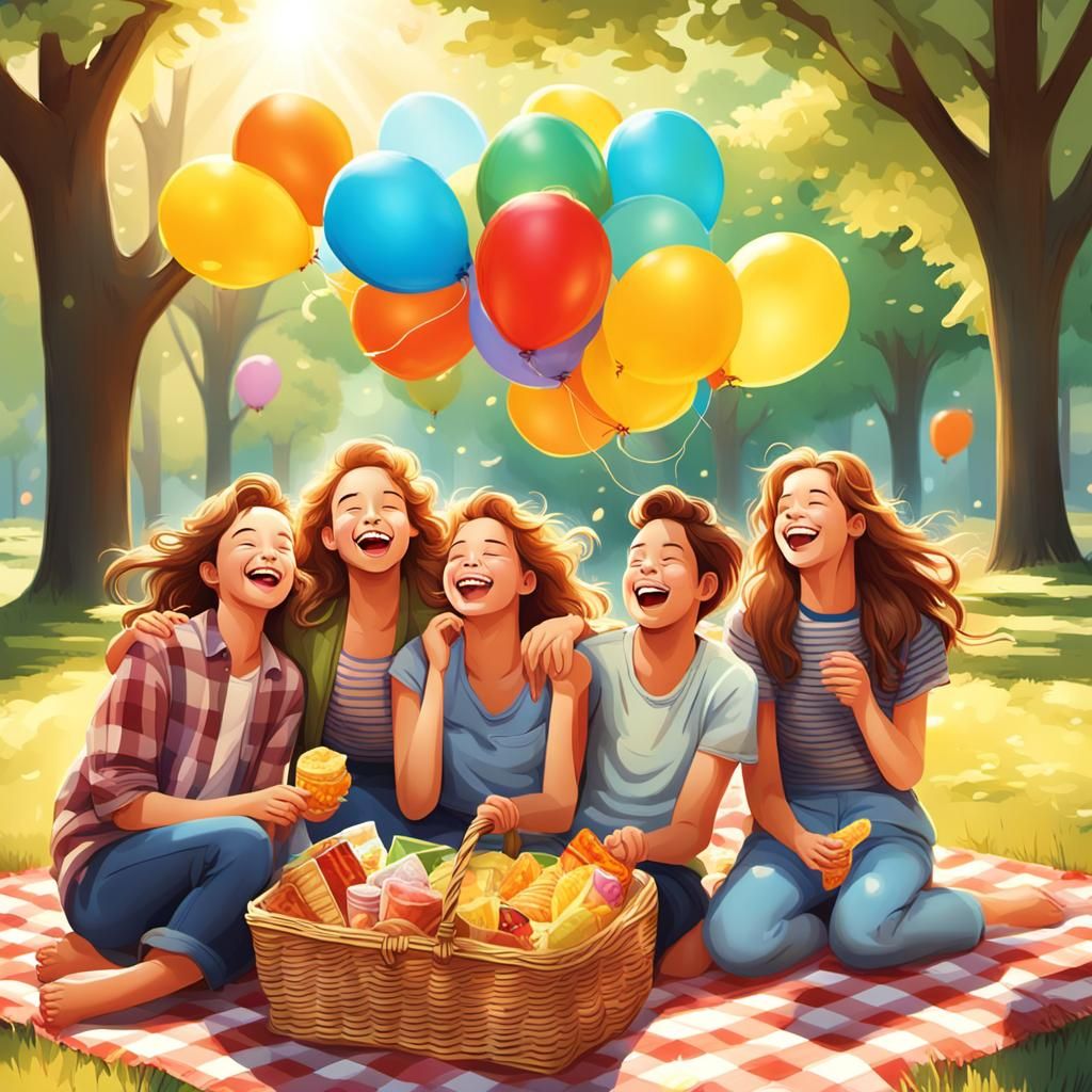 Friends Laughing in Sunlit Park: Nostalgic Digital Art