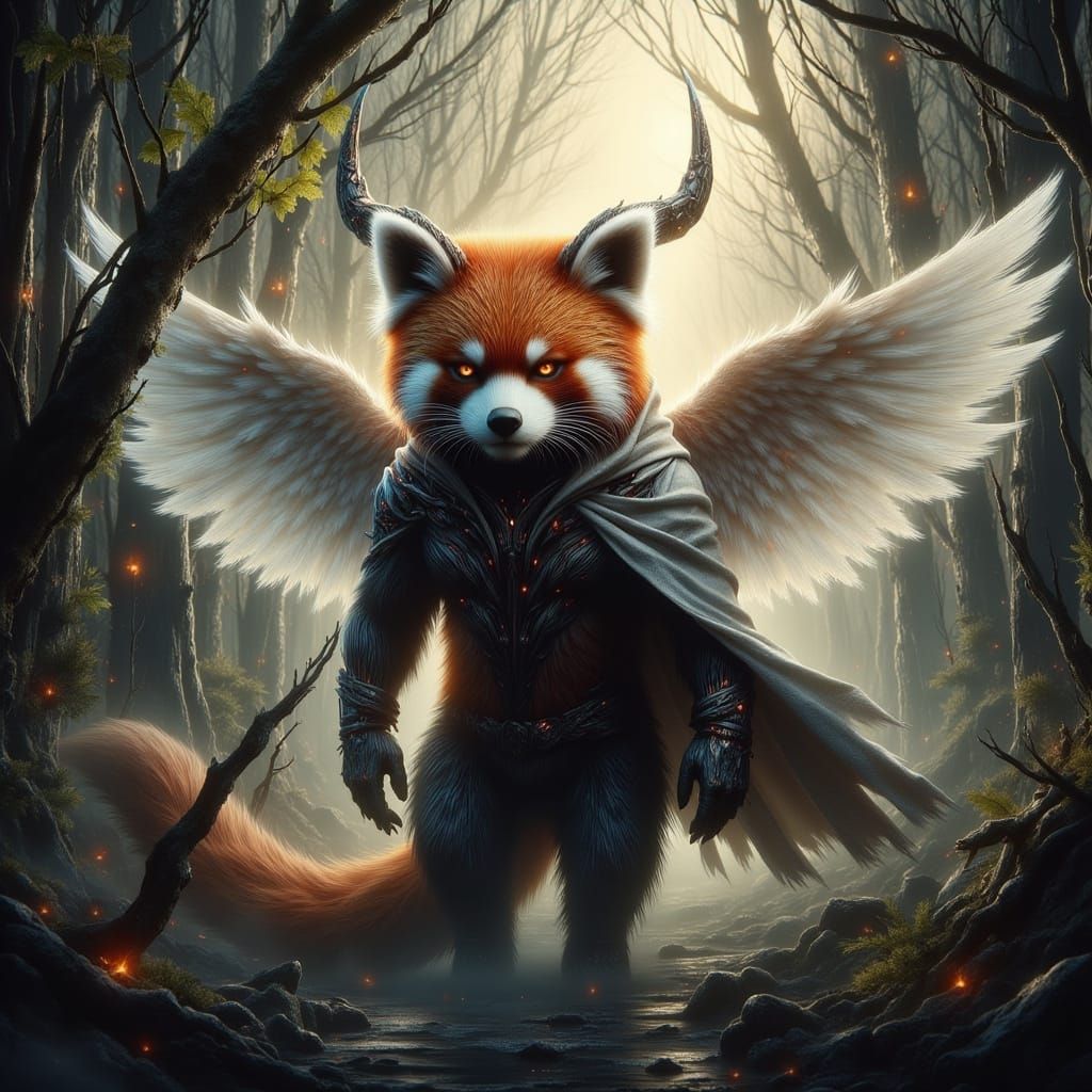 Mythical Red Panda Guardian of Forests in Dualistic Style