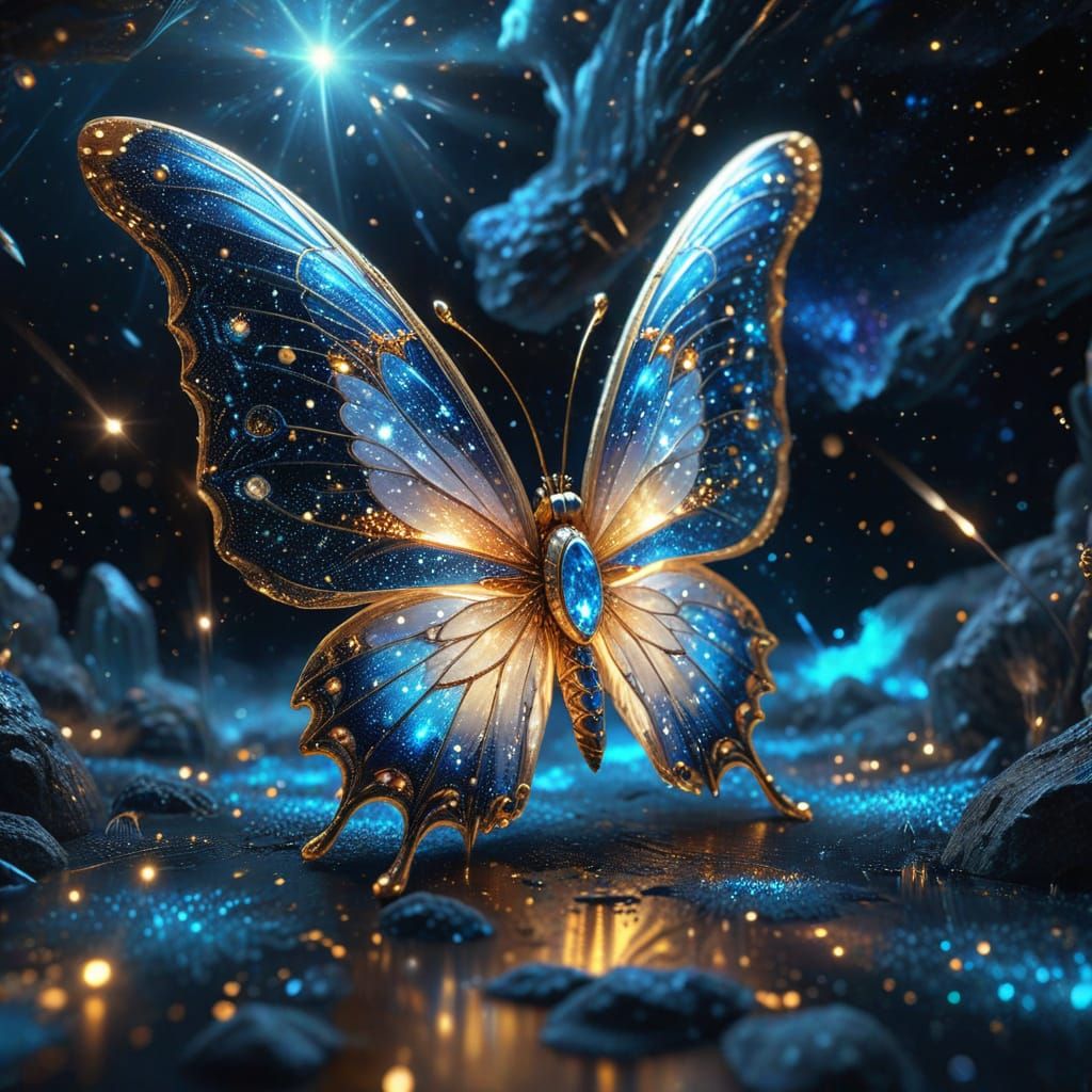 Crystal Butterfly in Starry Night Sky, Digital Art