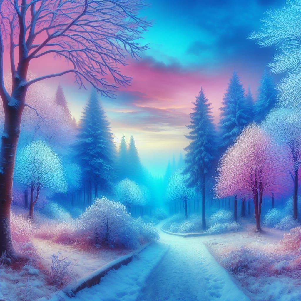 Enchanting Winter Woodland Path in Pastel Shades