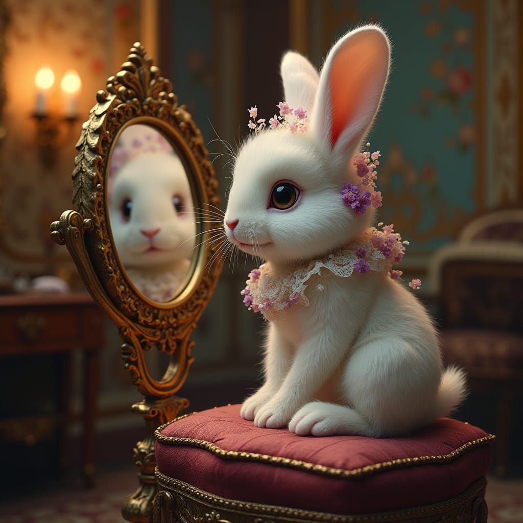 Angora Rabbit in Baroque Dressing Room, Hyperrealistic Style
