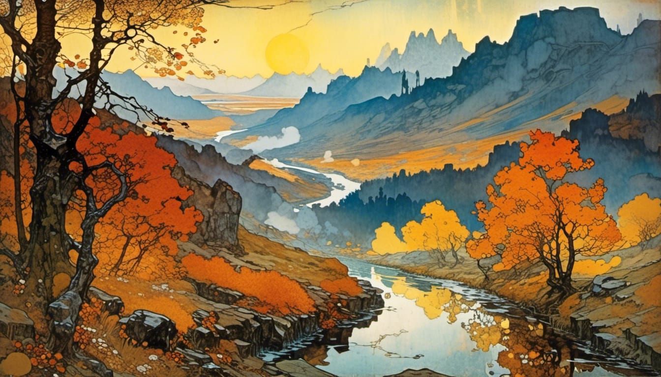 Autumn Morning Fog, Art Nouveau Illustration