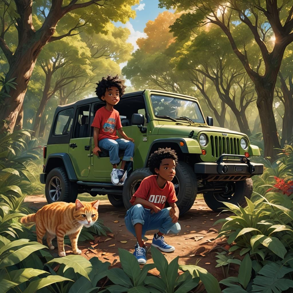 Boy and Cat Explore Forest in Fantasy Jeep