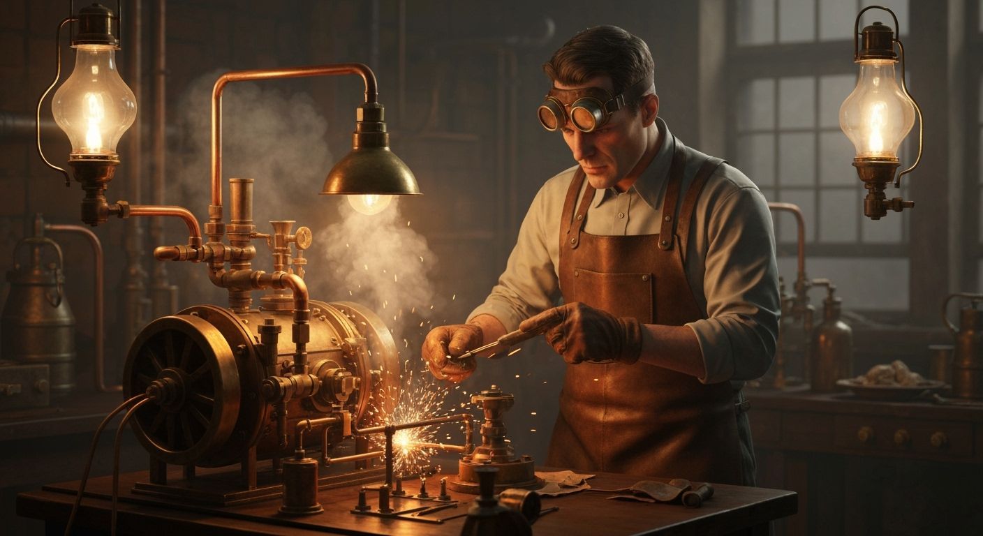 Victorian Inventor Tinkers with Steam Machine in Gaslit Work...
