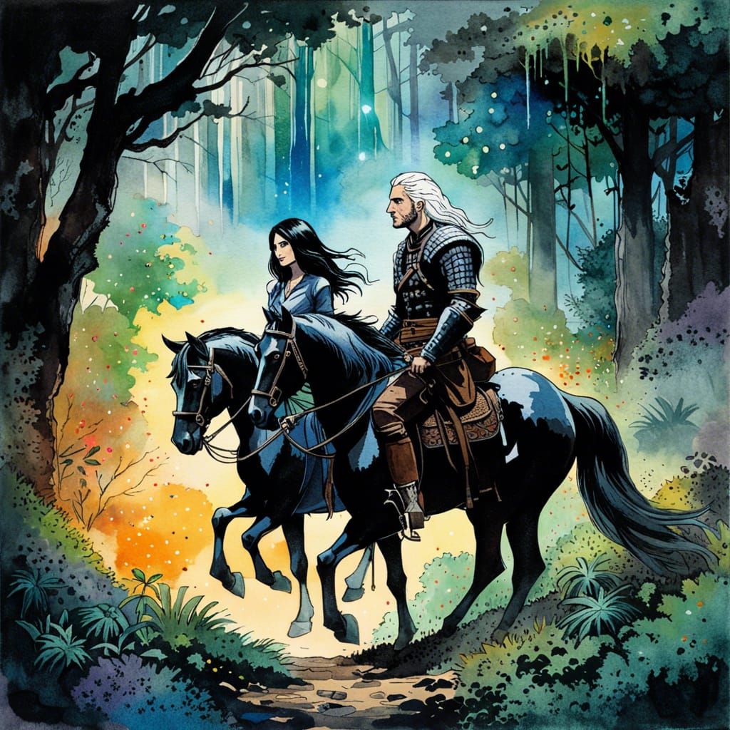 Geralt and Yennefer in Jungle, Watercolor Style