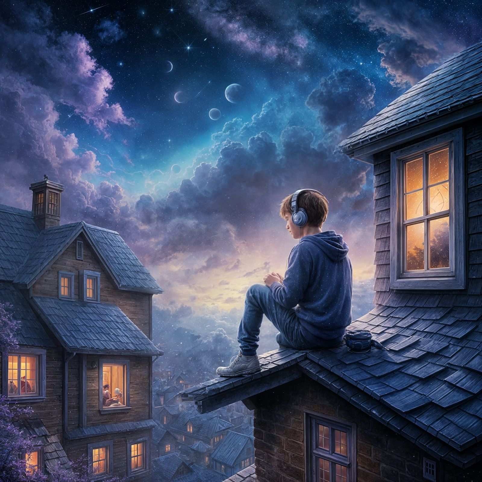 Boy Listening to Music Under Starry Sky