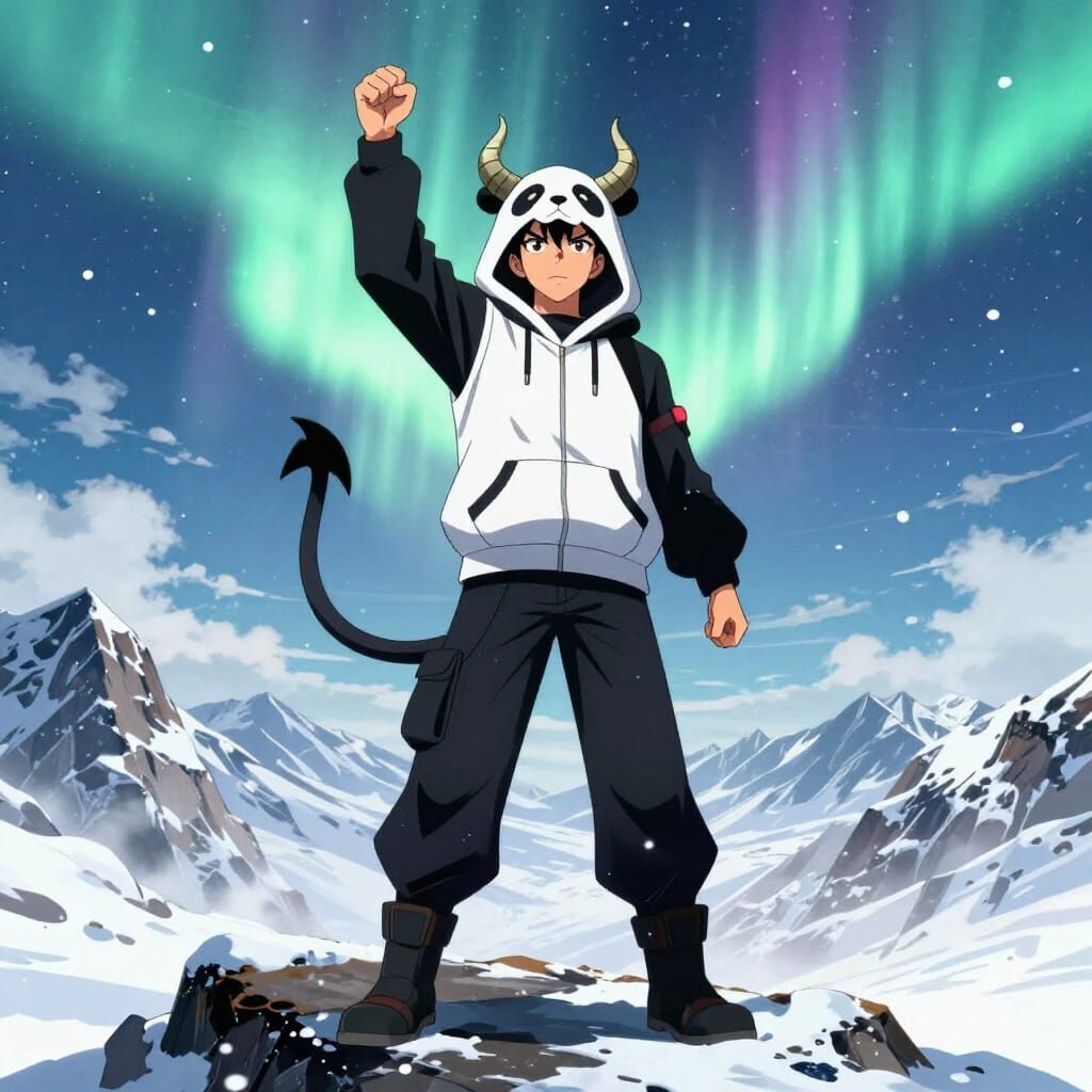 Demonic Man in Panda Hoodie on Mount Everest Anime Style