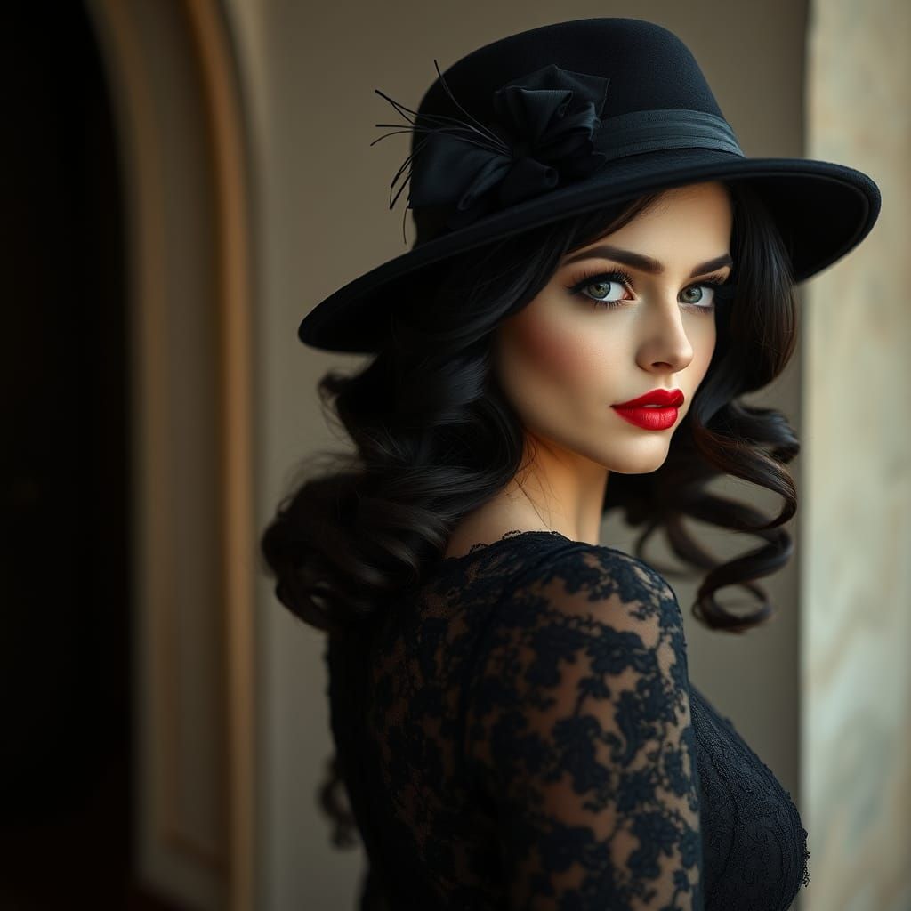 Elegant Woman in Black Hat, Vintage Style