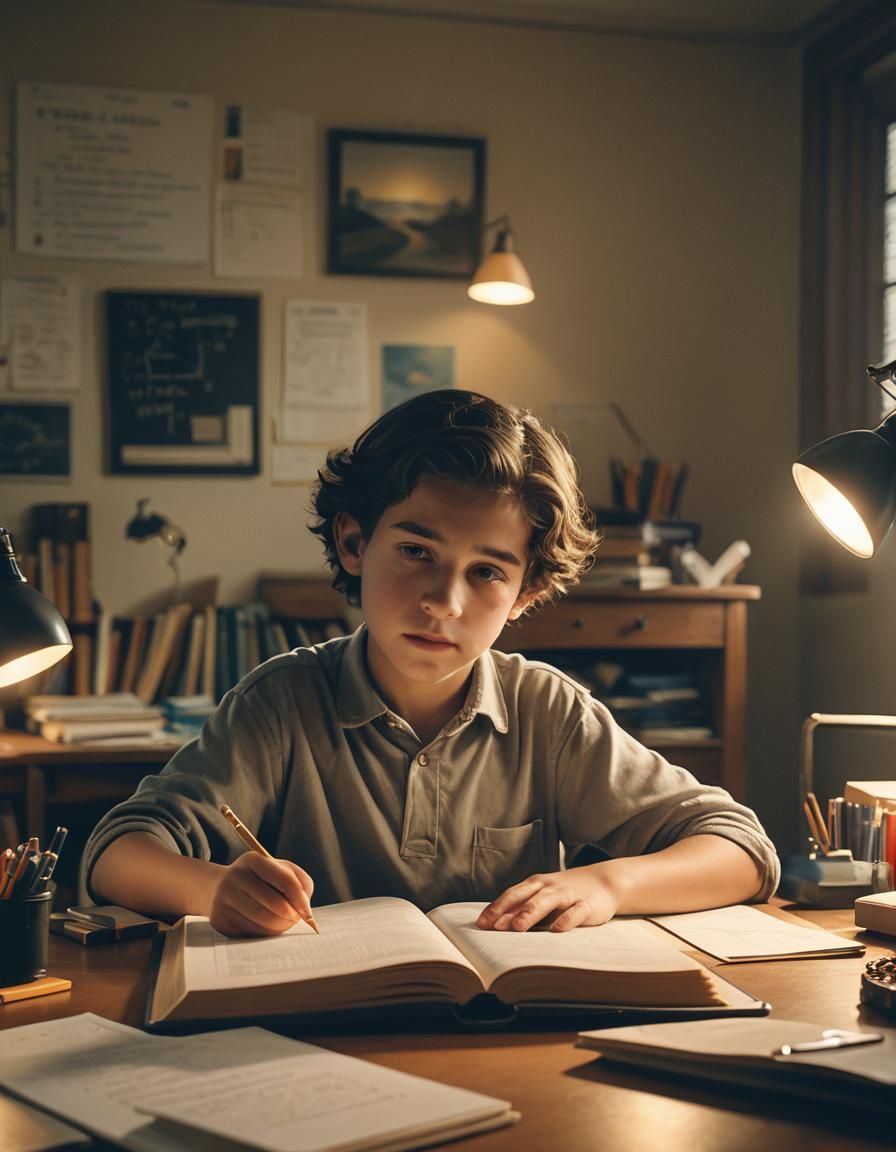 Boy Reads Diagram in Golden Light: Cinematic Still
