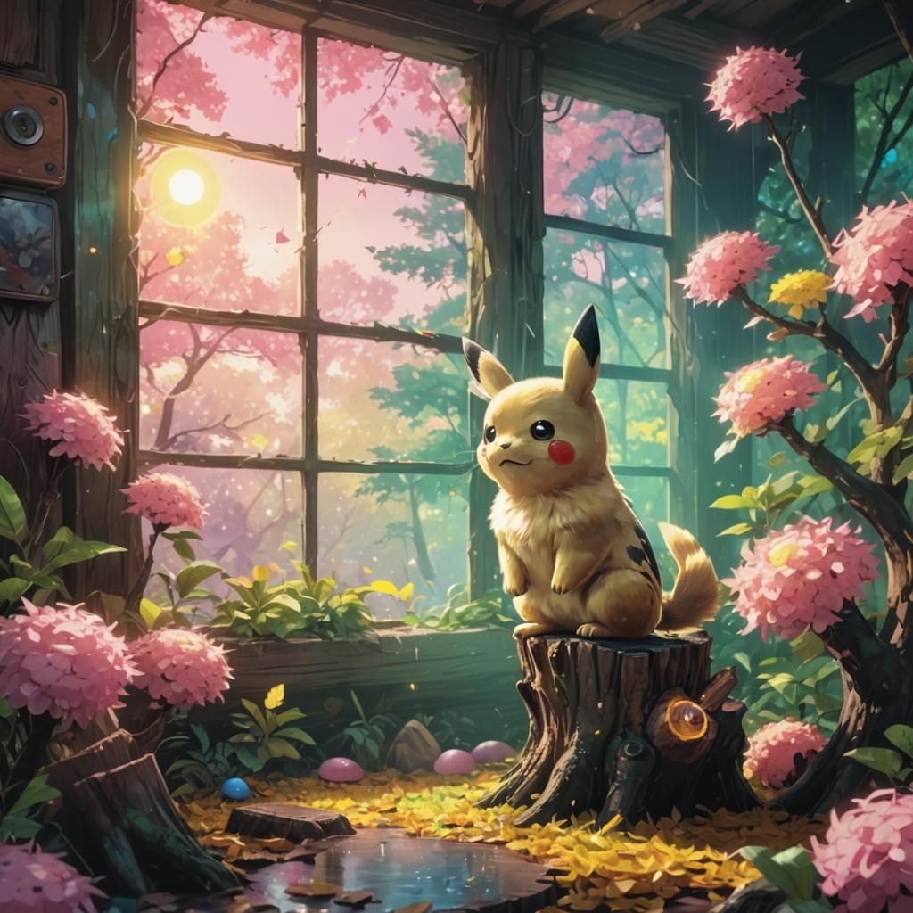 Pikachu in Lush Forest, Takashi Murakami Style