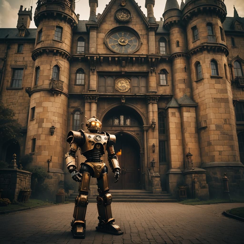 Steampunk Robot Guarding Castle Entrance