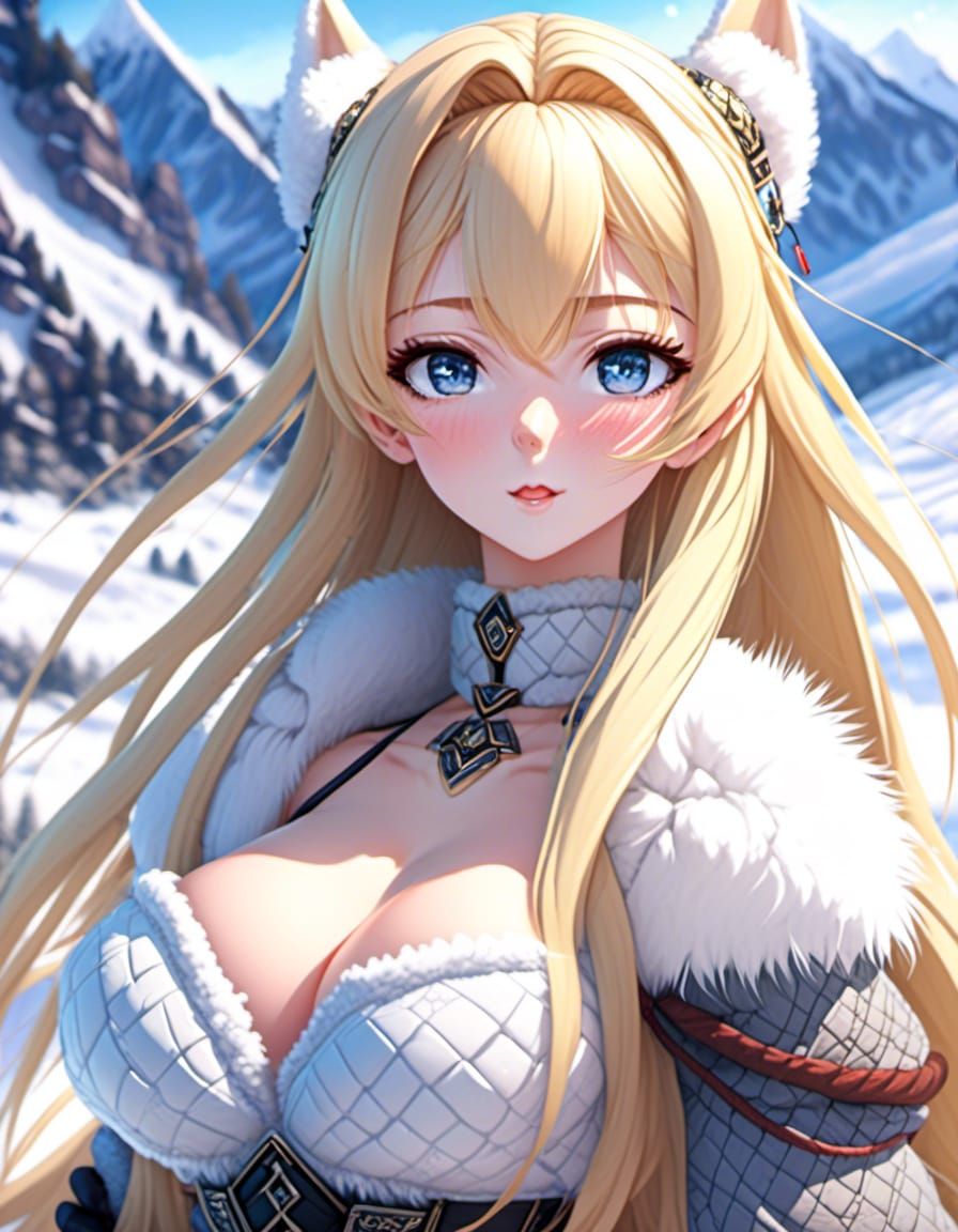 Anime Blonde Woman in Snowy Mountain Portrait