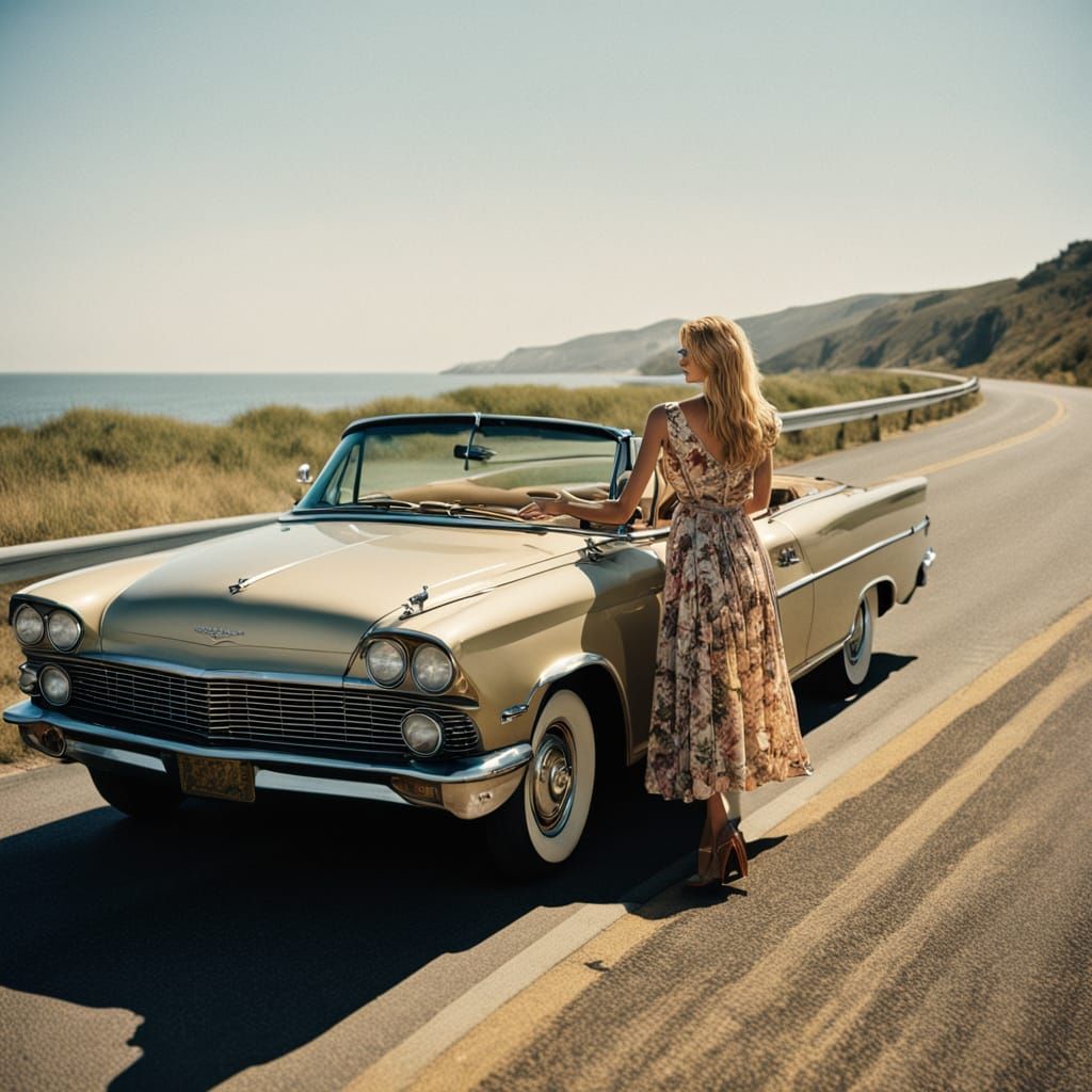Man in Floral Dress Leaning on Vintage Car