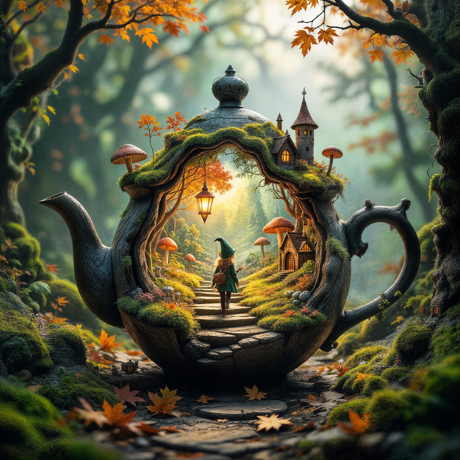 Elf in Teapot Autumn Forest