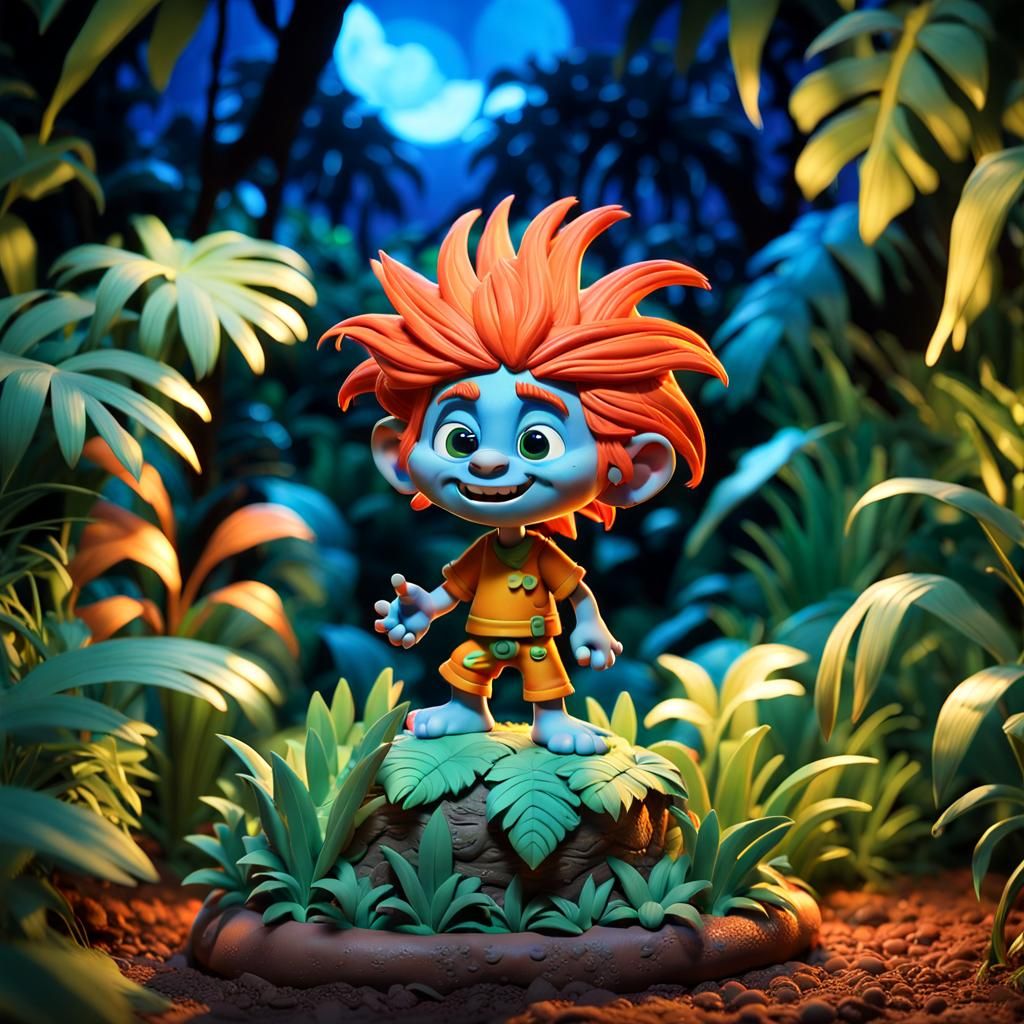 Pixar-Style Claymation Troll in Jungle at Night