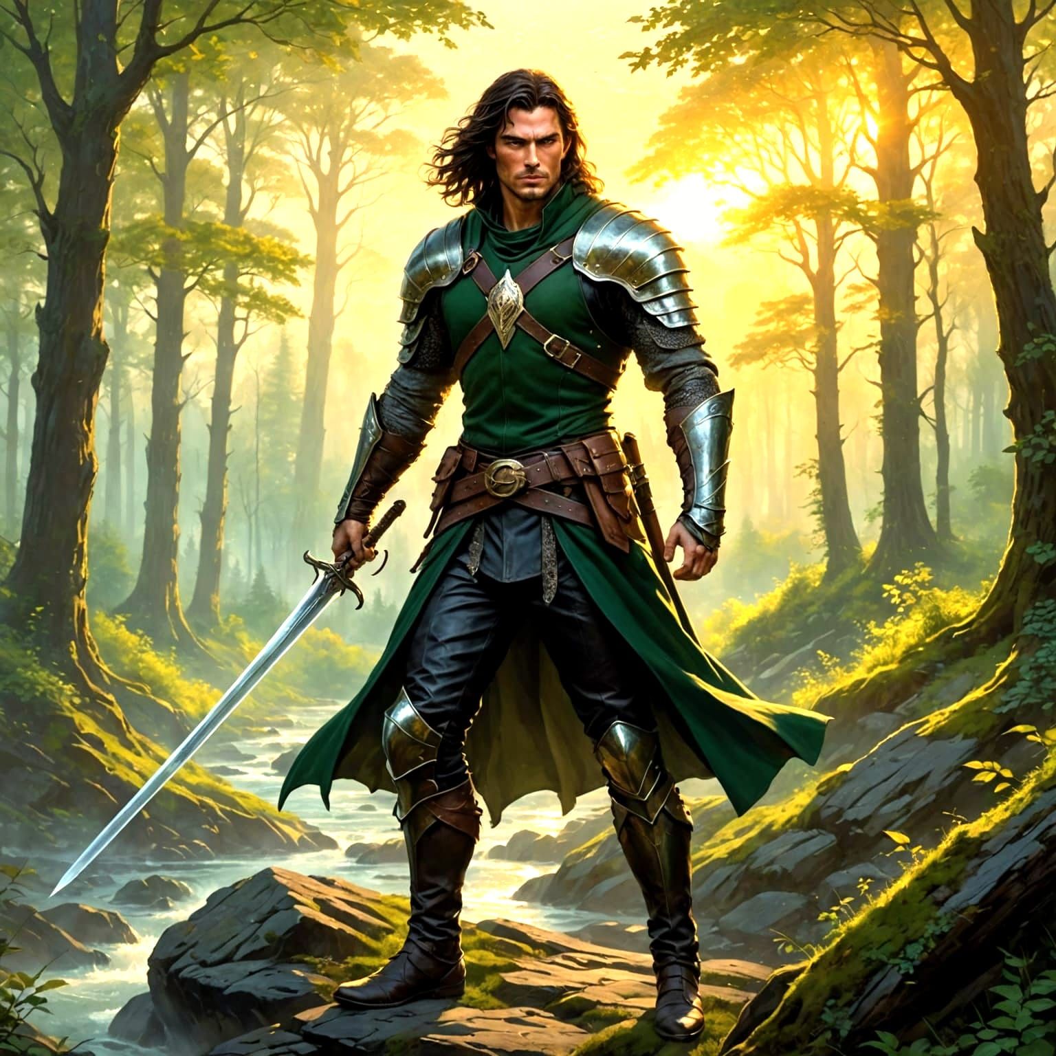 Fantasy Warrior in Warmly Lit Forest