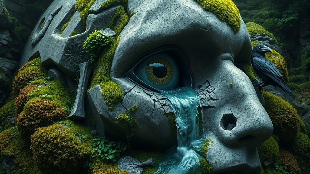 Mossy Stone Head Weeping a Waterfall