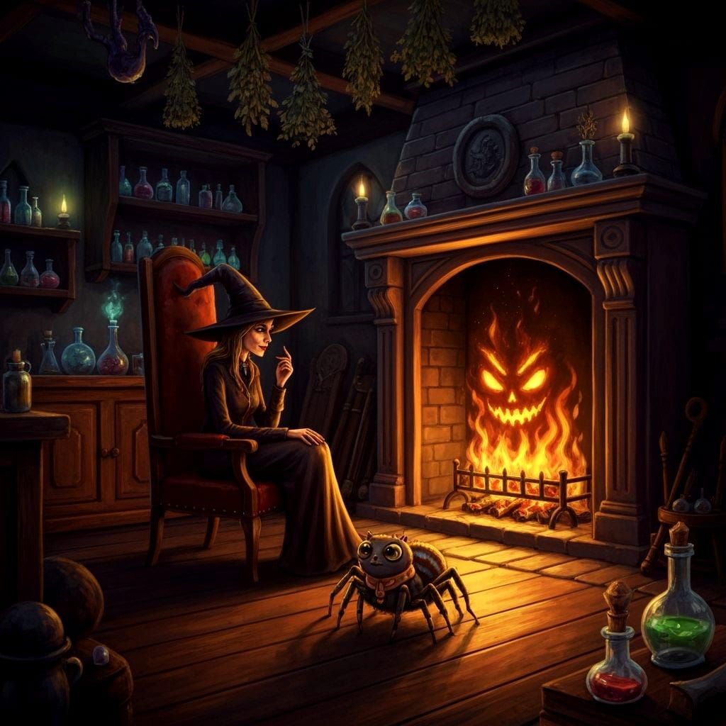 Witch and Familiar in Cozy Gothic Cottage