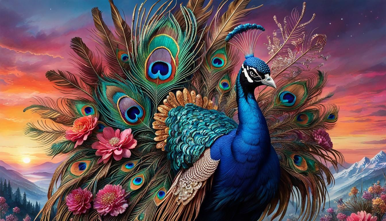 Ornate Feathered Masks in Bioluminescent Sunset Scene