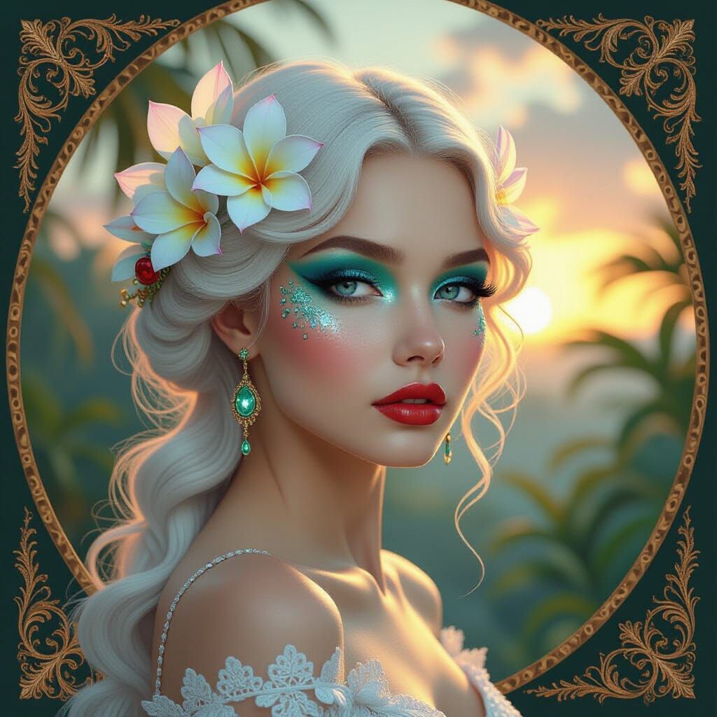 Ethereal Woman with Bioluminescent Flora, in Art Nouveau Sty...