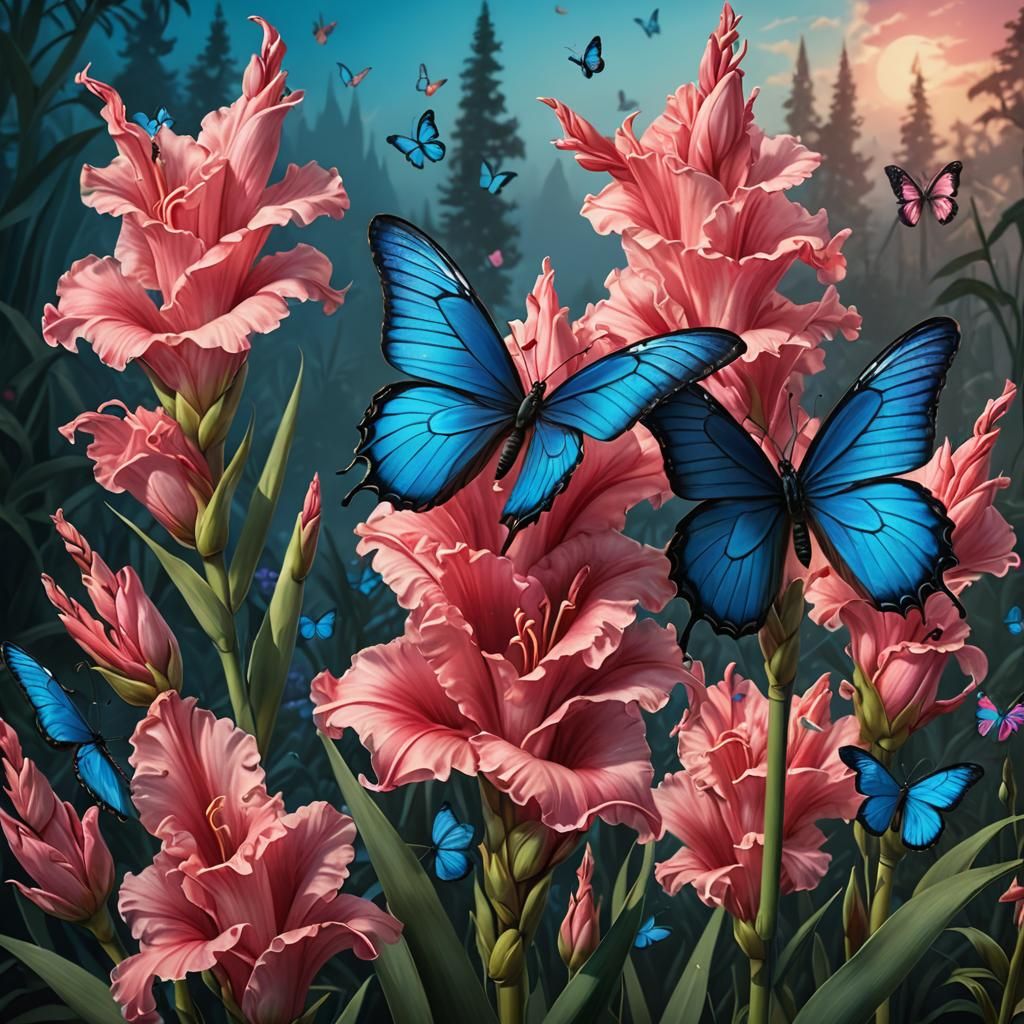 Pink gladioli and beautiful blue butterflies.Style of artist Vladimir Kush